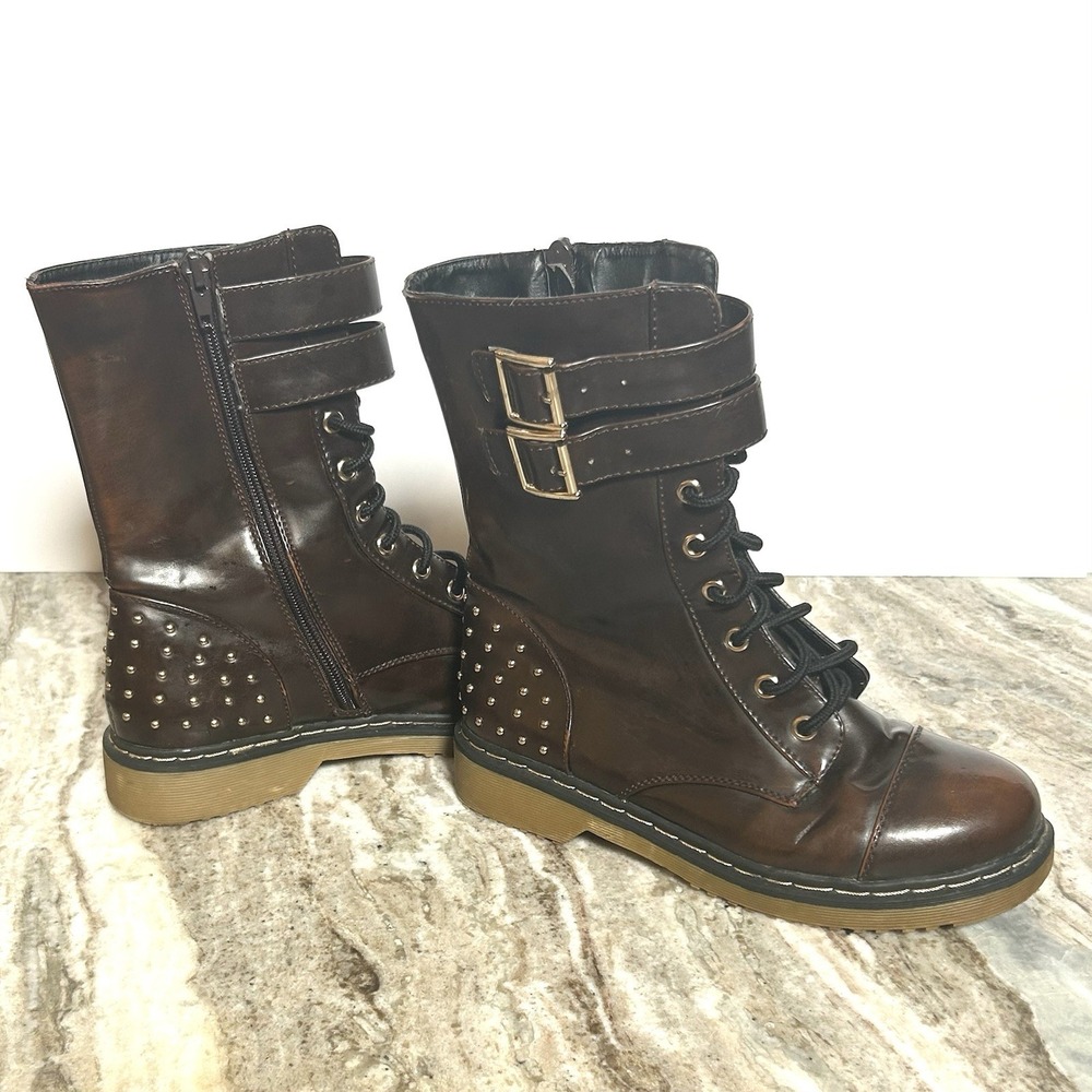 Yoki Women's Dark Brown Studded Boots with Zippered Side Closure Size 7.5